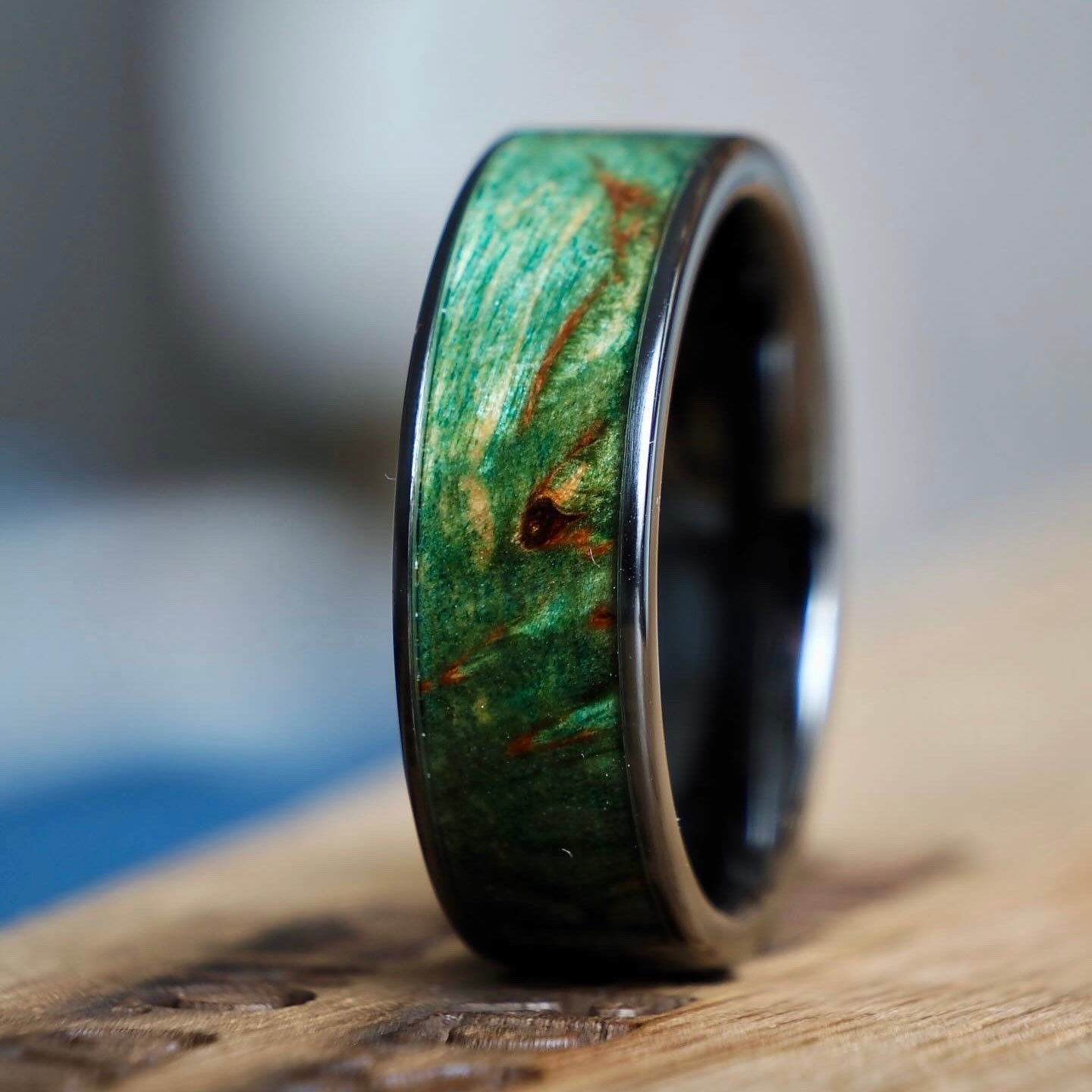 Beautiful 2024 Satin wood inlay on a black ceramic ring core. Hand turned from solid wood.